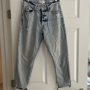 Frame Denim High Rise Distressed Jeans in Light Blue